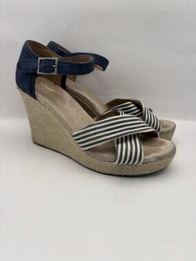 Toms Sienna Blue And White Wedge Sandals Women Size 7.5